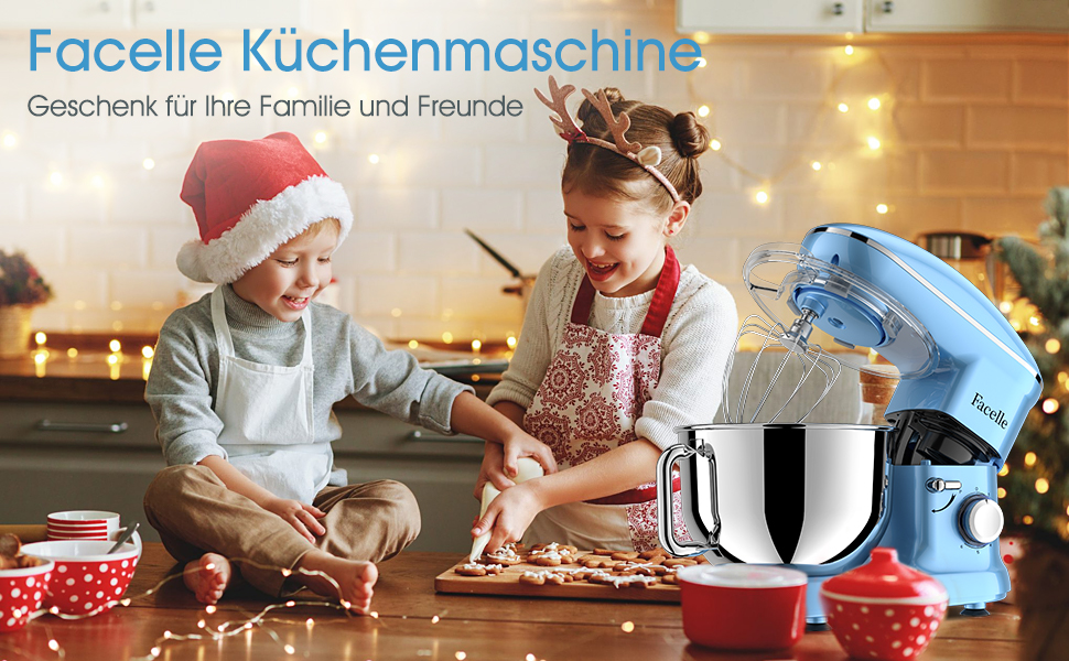 Кухонна машина Facelle 1500W з нержавіючою чашею 6.2L, 6 швидкостей, комплект насадок (блакитна)