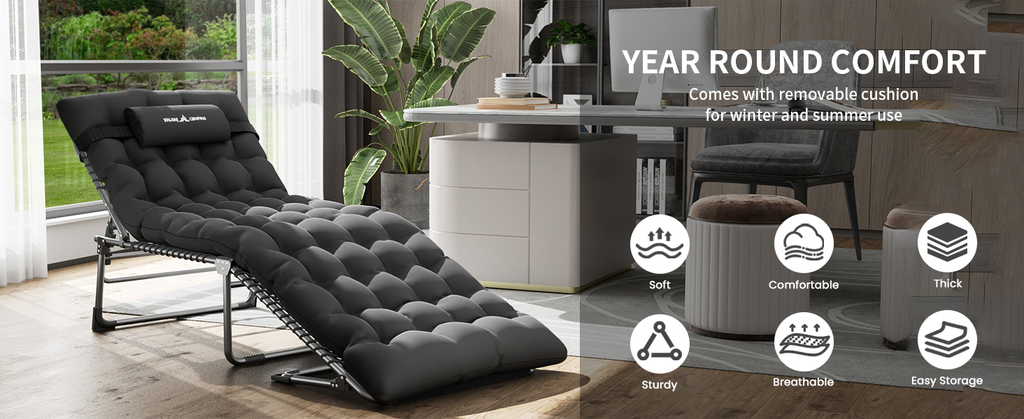 Розкладне ліжко для кемпінгу UDPATIO: зручне ліжко для відпочинку на природі, регульована спинка, з матрацом, чорний колір