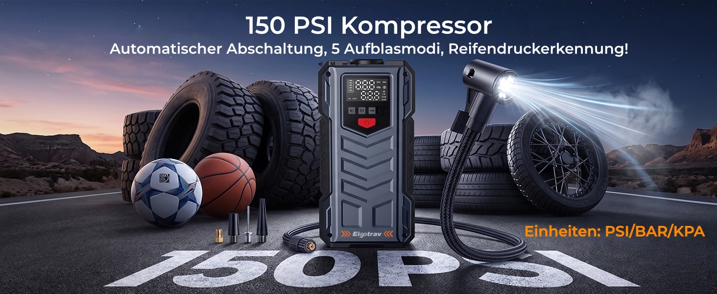 Пусковий пристрій (бустер) Starthilfe 8000A з компресором 150 PSI, 9-в-1: Jump Starter 12V для бензинових та дизельних авто (до 14л), електричний насос та Powerbank з швидкою зарядкою 30W