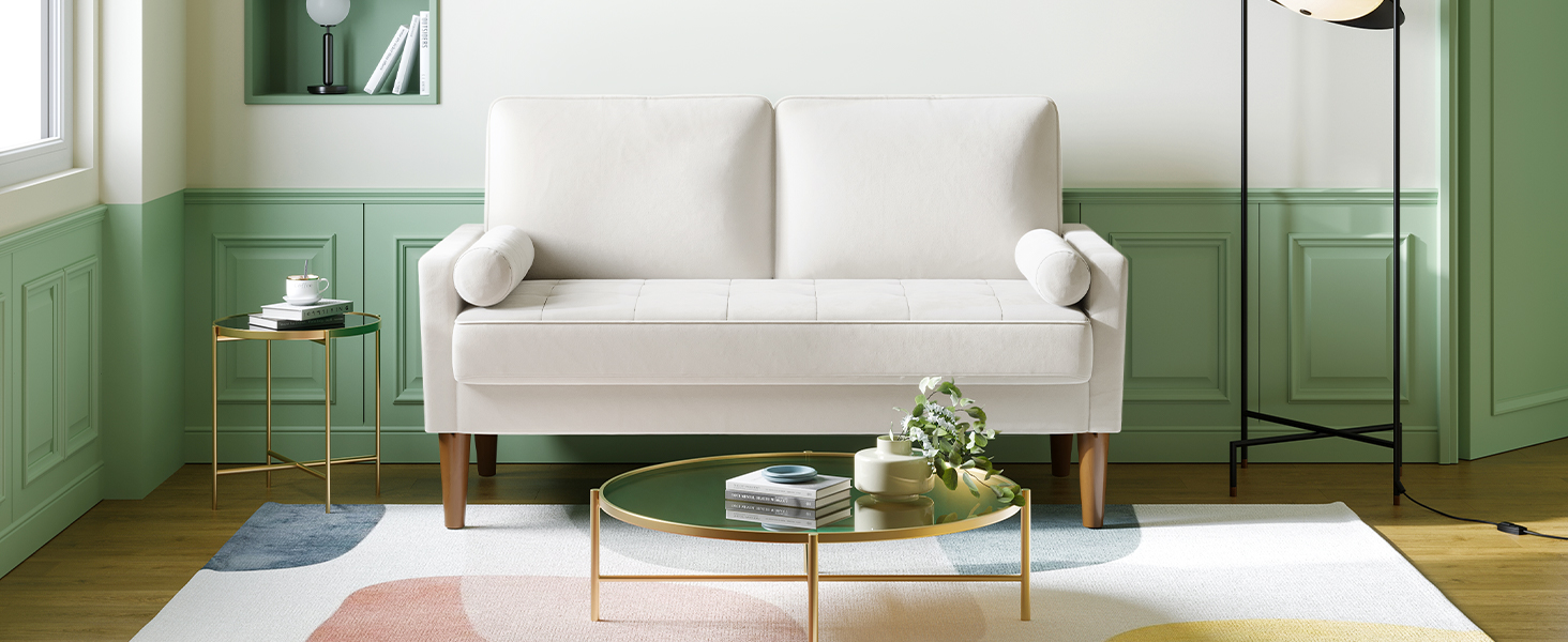 Диван Vesgantti 2-місний, 121 см, сучасний, з 2 подушками, білий, для вітальні/квартири/офісу