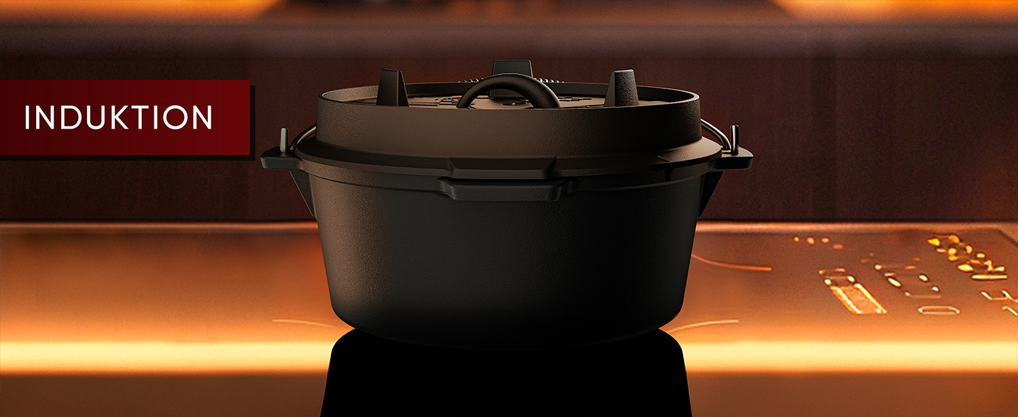 Набір чавунних казанів Essential Line для 3–6 осіб: казан 7,5 л та кришка 1,5 л, прожарений вогонь, з підйомником кришки, кільцем для чищення, пастою для догляду та книгою рецептів, гарантія 30 років