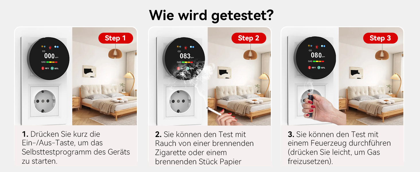 Детектор чадного газу та газу з вилкою, 4-в-1 CO-детектор з датчиком температури та вологості, з акустичним сигналом для дому та автокаравану, 1 шт. (Чорний)