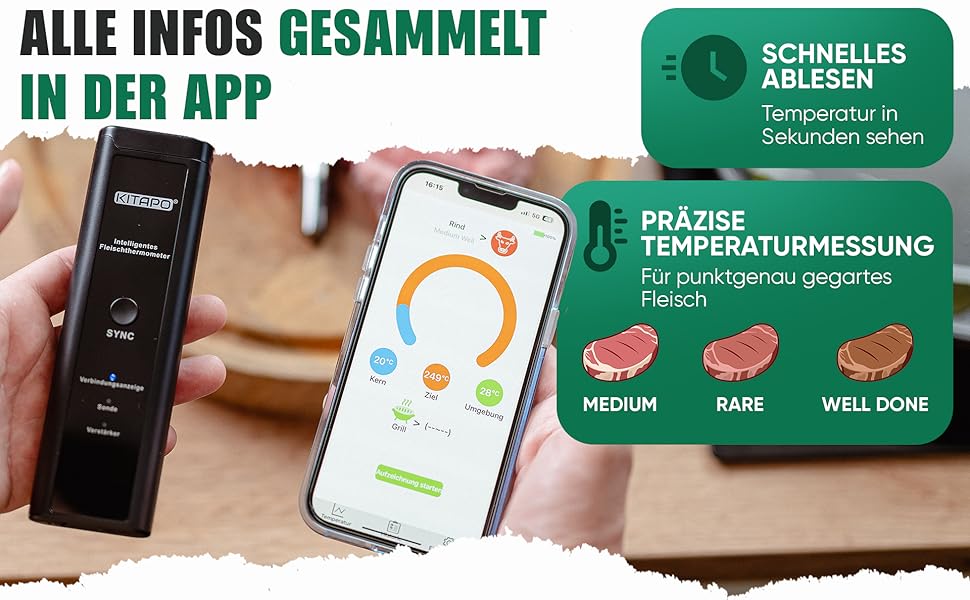 Бездротовий термометр для м'яса з додатком, термометр для гриля, розумний термометр для приготування їжі на кухні та грилі, велика дальність, стійкість до високих температур до 300°C, термометр для приготування, кухонний термометр