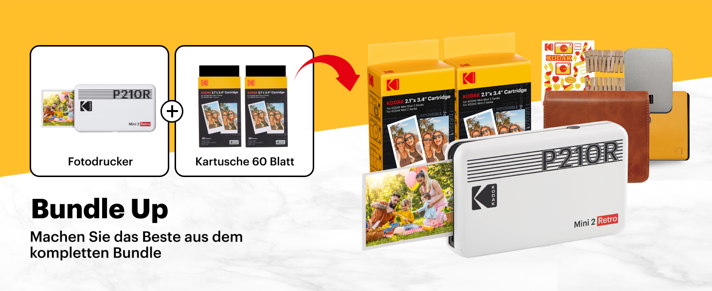 KODAK P210 Mini 2 Retro: Портативний кольоровий фотопринтер, Bluetooth, 54x86 мм, Ламінування, Комплект картриджів та аксесуарів
