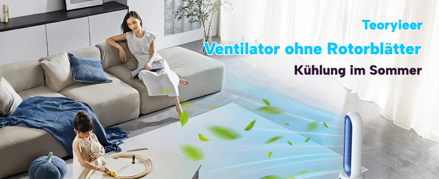 Безлопатевий вентилятор Turmventilator 88 см, з LED-дисплеєм, пультом, таймером 12 год, 90° осциляція для спальні/офісу (синій)