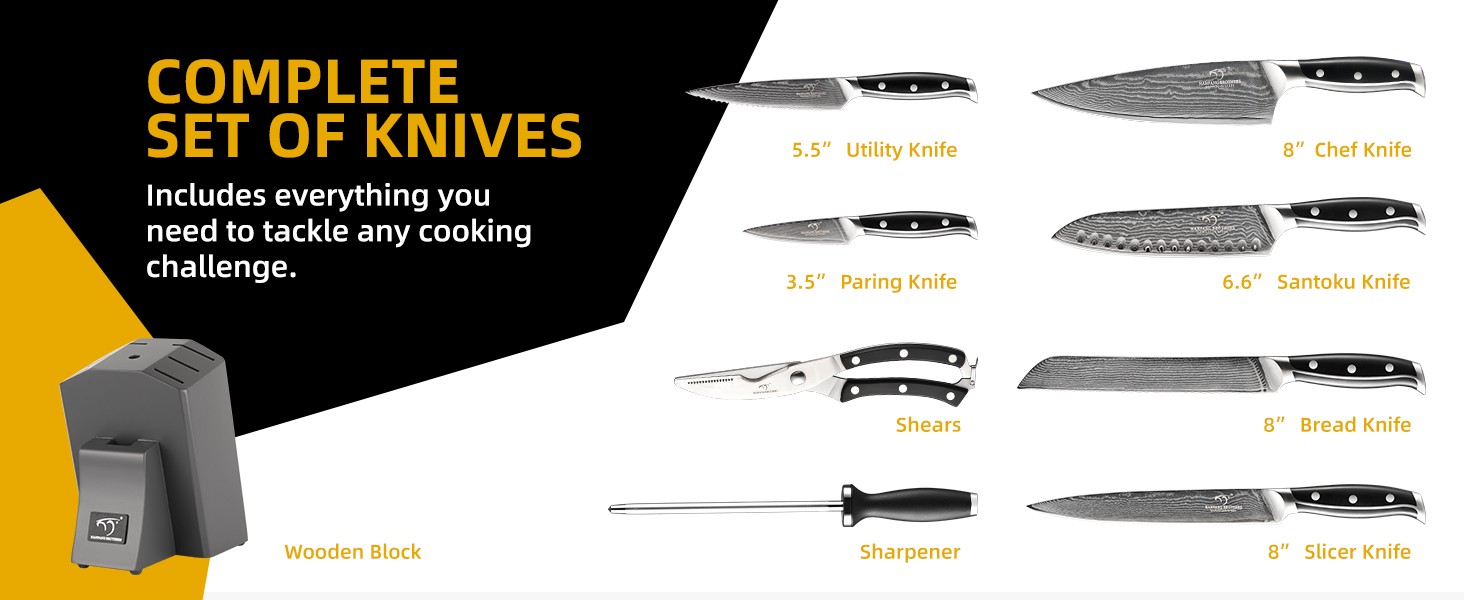 Набір кухонних ножів NANFANG BROTHERS 9 предметів з дамаської сталі, з дерев'яним блоком, нержавіюча сталь, сірий