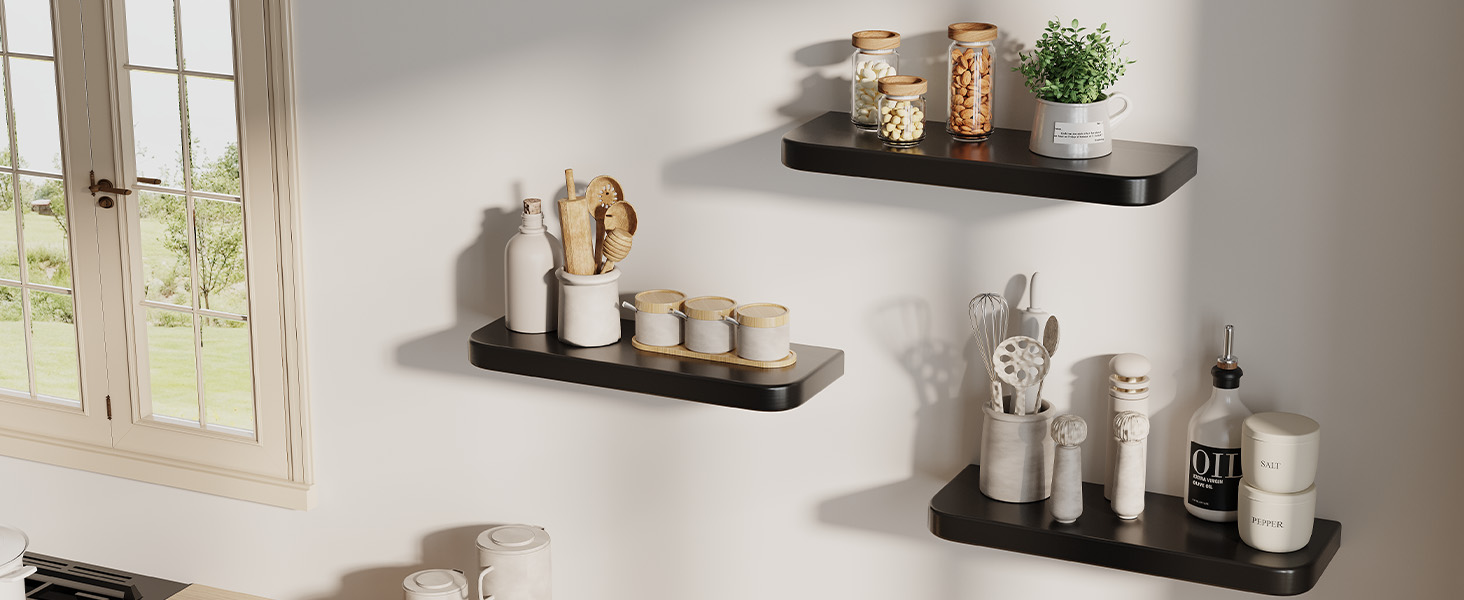 Набір з 3 настінних полиць Wandregal з дерева, чорного кольору - Плаваючі полиці з прихованим кріпленням для вітальні, спальні, кухні, для книг та декору