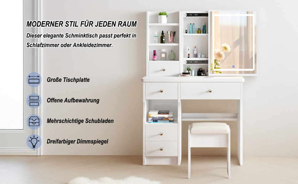 Дзеркальний туалетний столик DATO з LED-підсвічуванням, 3 колірні температури та регулюванням яскравості, з пуфом, 5 шухляд та 3 полиці, з розсувним дзеркалом (T68)