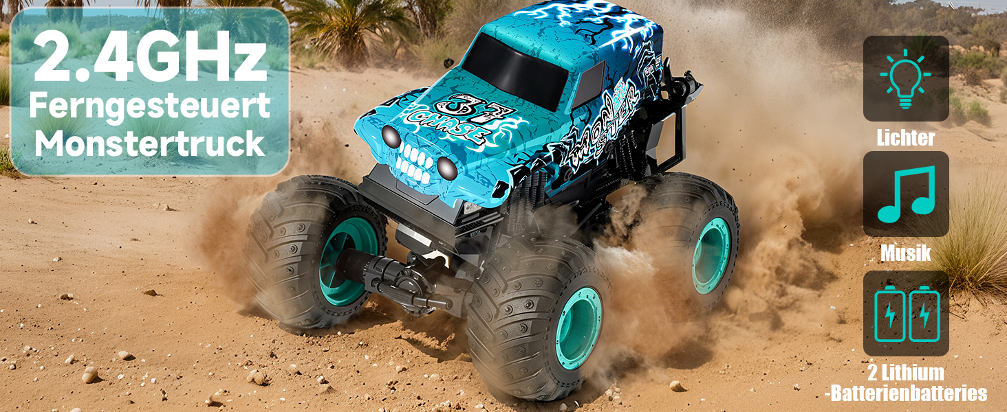 RC Monstertruck 1:20 2.4GHz синій - радіокерований позашляховик для хлопчиків та дівчаток від 3 років з LED підсвіткою, музикою та функцією 'ходьба на двох колесах'
