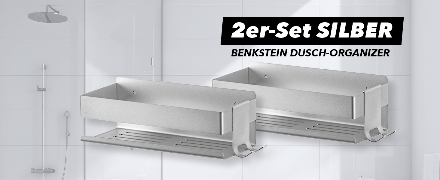 Набір душових полиць BENKSTEIN (2 шт.) | Полиці для душу з кріпленням на клей або свердління | Корзинка для душу без свердління | Тримач для гелю для душу та шампуню | Організатор для ванної кімнати, полиця для душу, срібна, 2 шт.