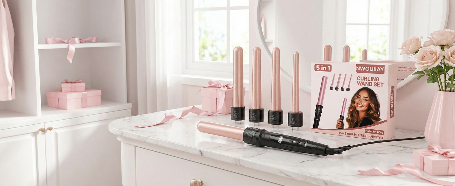 Локкенштаб NWOUIIAY 6 в 1 з LCD-дисплеєм, керамічним покриттям, набір для створення локонів, багатофункціональне змінне насадки, для великих та маленьких локонів, з рукавичками, регулювання температури (колір шампань)