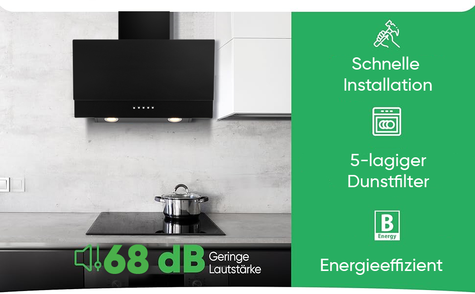 Витяжка кухонна Bomann DU 7607 G, 60 см, чорна, для рециркуляції та відведення повітря, 3 режими потужності