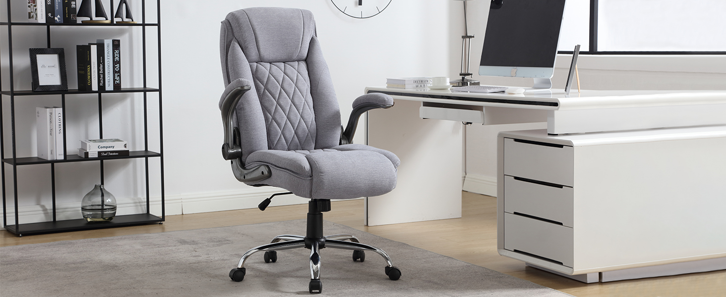 Ергономічне крісло для офісу 180 кг, крісло для столу з високою спинкою та широким сидінням, відкидні підлокітники, комп'ютерне крісло для офісу, дому, геймінгу (світло-сірий, без масажу)