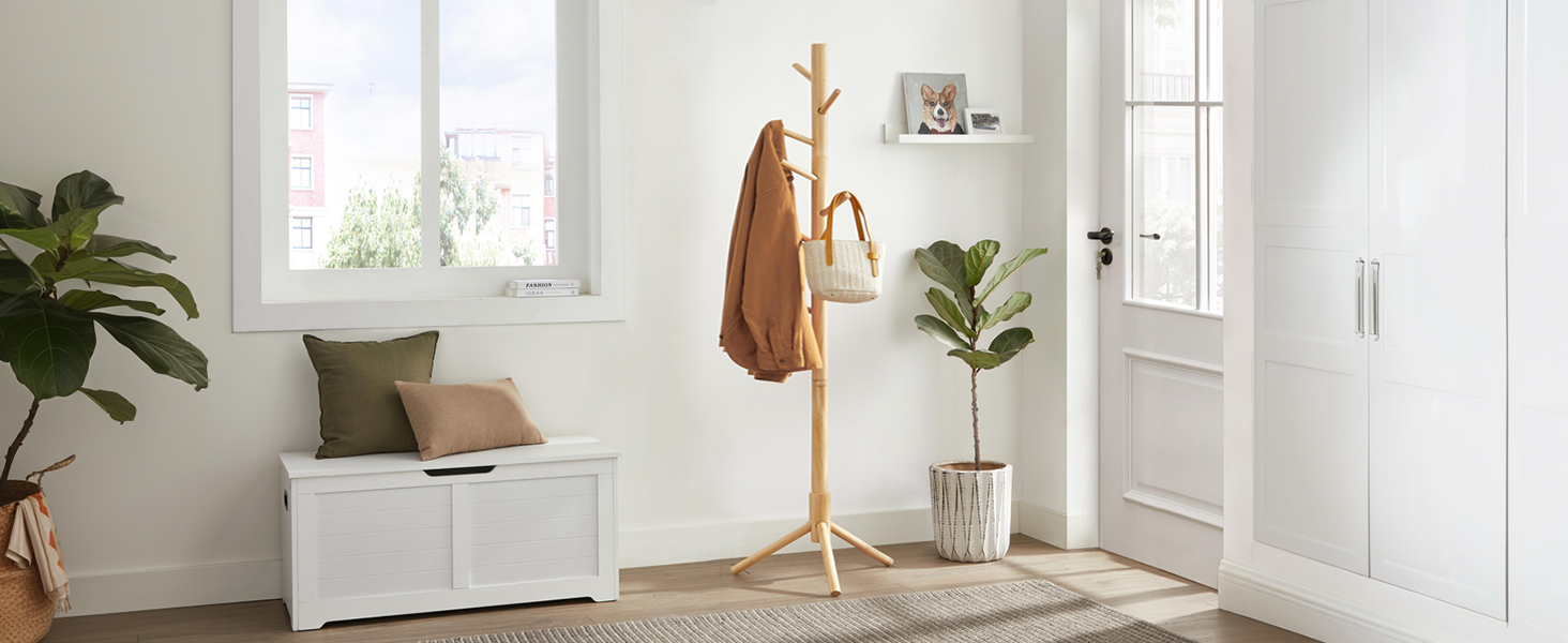 Стійка для одягу VASAGLE з масиву дерева, 8 гачків, 3 регульовані висоти, для одягу, шапок, сумок, вітальня, спальня, офіс, RCR04GY (натуральний колір)