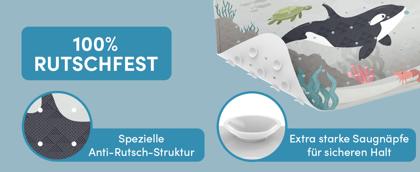 Нековзний килимок для ванної avakido дитячий з 2 гачками, не містить BPA, стійкий до цвілі, миється (Meeresfreunde)