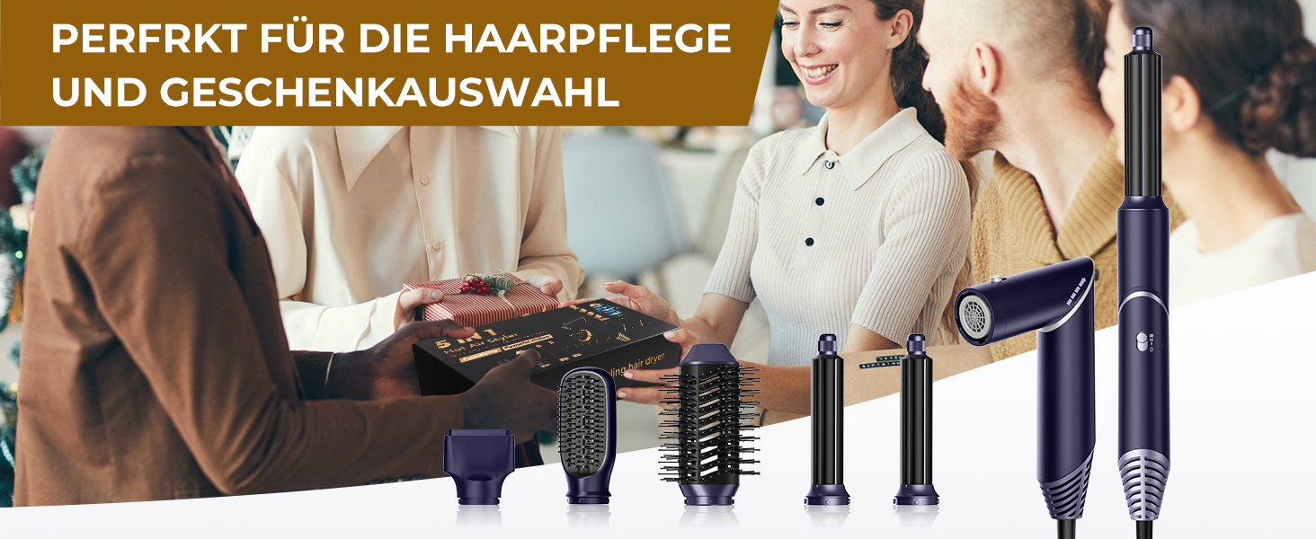 UKLISS 5-в-1 Airstyler Фен-щітка для укладки волосся з насадкою для локонів, 60000 об/хв, блакитний