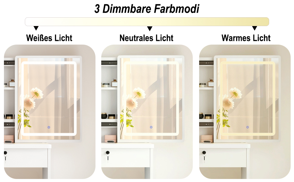 Дзеркальний туалетний столик DATO з LED-підсвічуванням, 3 колірні температури та регулюванням яскравості, з пуфом, 5 шухляд та 3 полиці, розсувний дзеркало