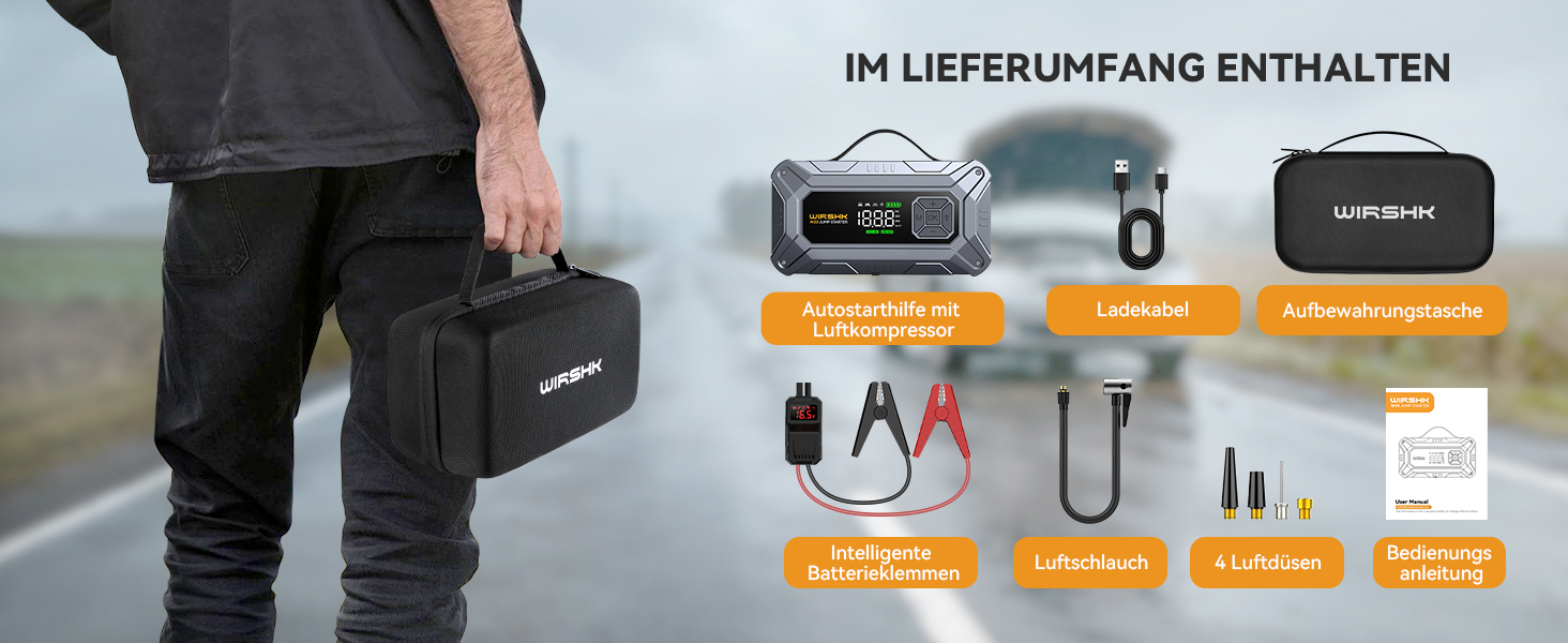 Портативний пусковий пристрій 8000A з повітряним компресором 160 PSI для бензинових та дизельних двигунів (до 10л), з дисплеєм та аварійною світлодіодною лампою