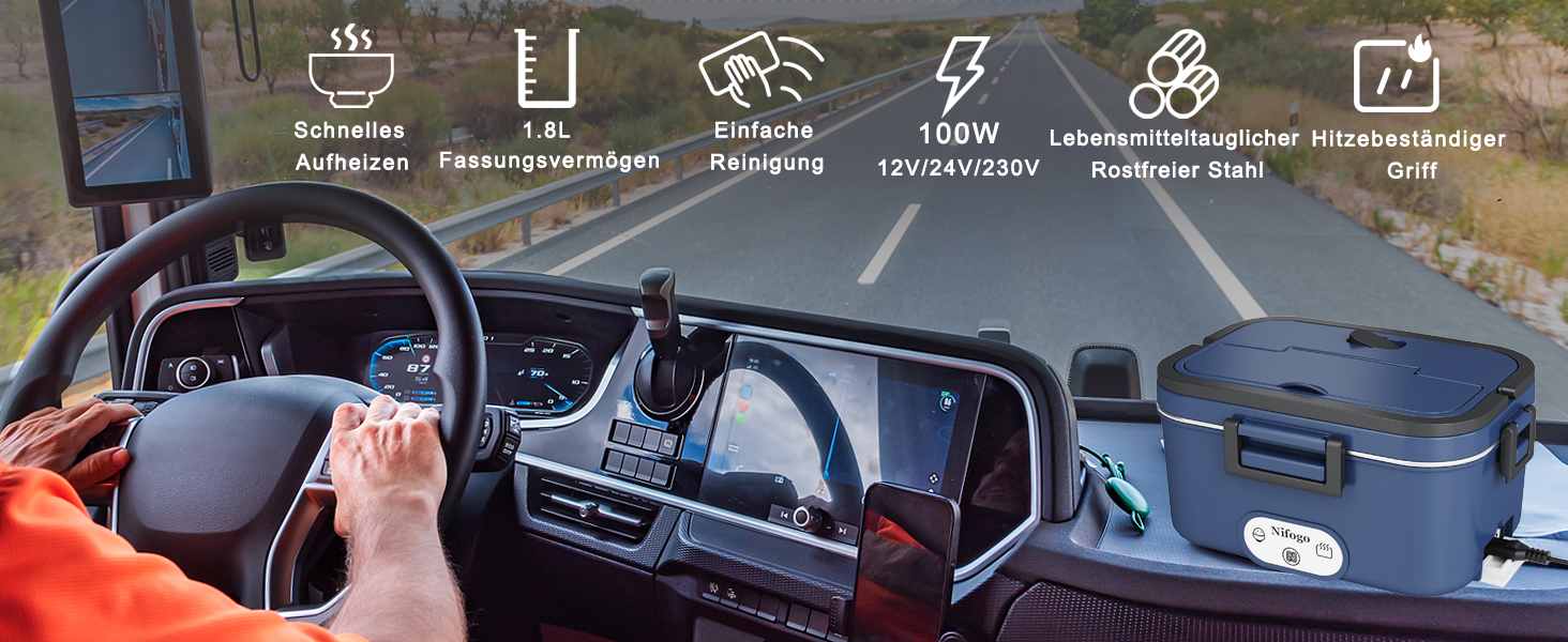 Електричний ланч-бокс Nifogo 1.8л (100W, 12V/24V/230V) для авто, вантажівок та офісу, сталь 304, синій