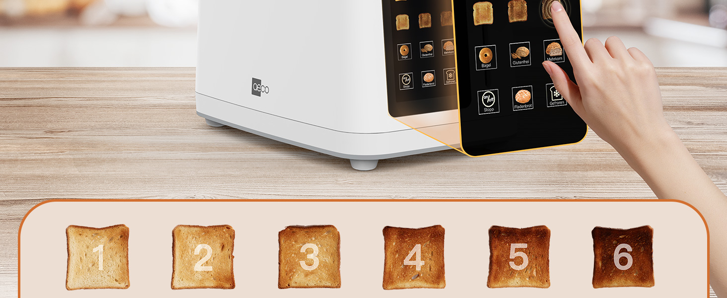 Тостер aeco toastlab Elite на 2 тости, з підставкою для булочок, широкі слоти, 6 рівнів підсмажування, 10 програм, 850W, LCD-дисплей, функція підйому, розморожування, піддон для крихт (MAX)