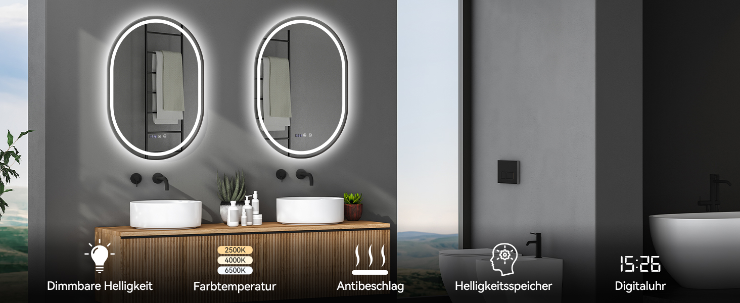 Дзеркало для ванної кімнати YOURLITE з підсвічуванням, кругле, 60 см, LED, 3 кольори, диммування, сенсорне управління, антизапар, пам'ять, IP44, овальне