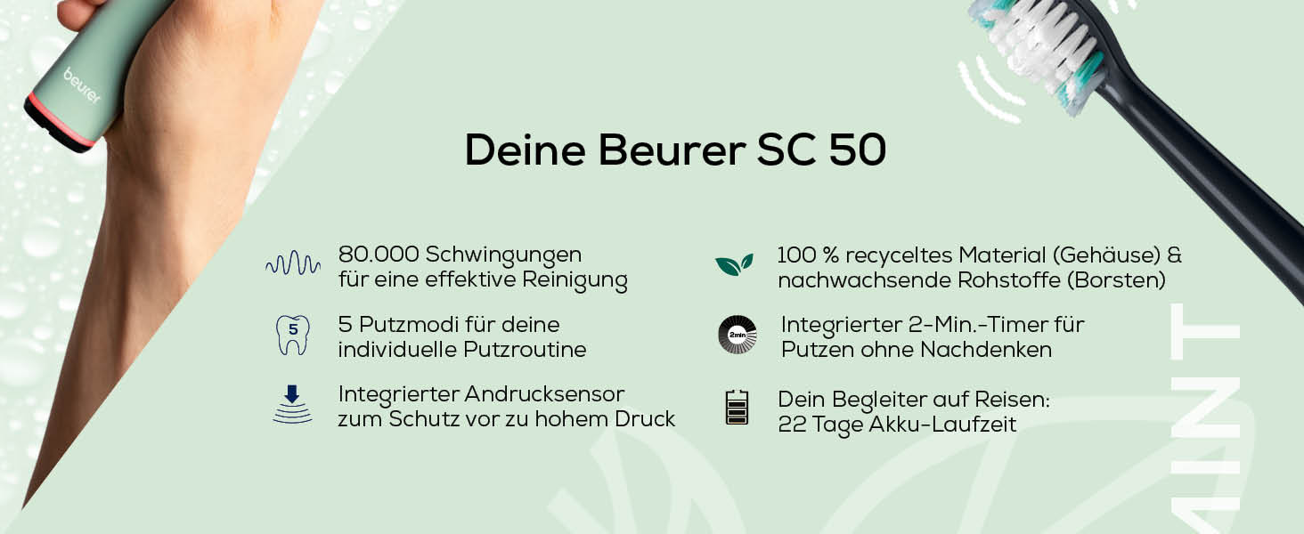 Електрична зубна щітка Beurer SC 30: 4 режими чищення, 80 000 коливань, таймер, індикація LED, 2 насадки, корпус з переробленого пластику (М'ята)