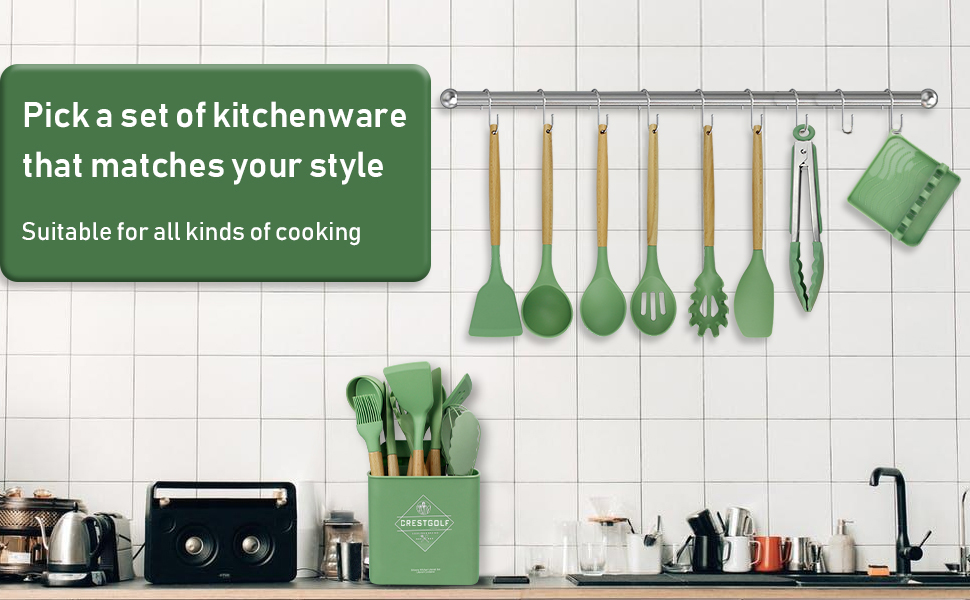 Набір кухонних аксесуарів 13шт, силікон, стійкий до високих температур, з дерев'яною ручкою (авокадо-зелений)