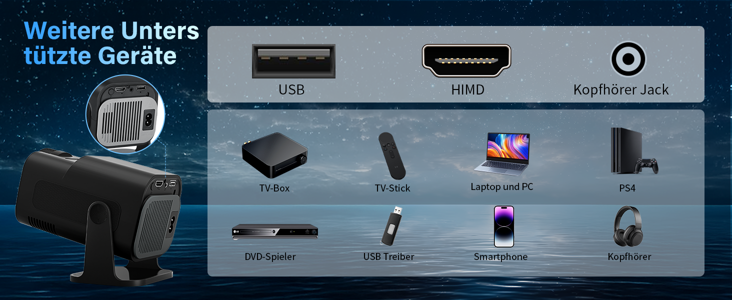 Портативний проєктор Mini Beamer 4K Full HD 1080P з WiFi 6, Bluetooth 5.2, автоматичною корекцією трапецеїдальних спотворень та підтримкою HDMI, TV Stick, Memory Stick, Laptop (білий, чорний)