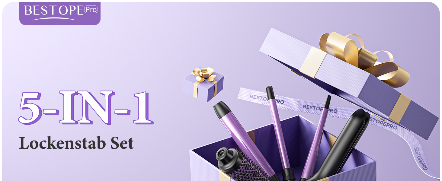 BESTOPE PRO Локкенстаб: Набір для створення локонів 5 в 1 з плойкою, термощіткою, 3 локонами (9mm-25mm) для великих локонів, 13 температур, керлером з термозахистом. Матова поверхня, рукавичка, затискач. Колір: Північне сяйво (Lila)
