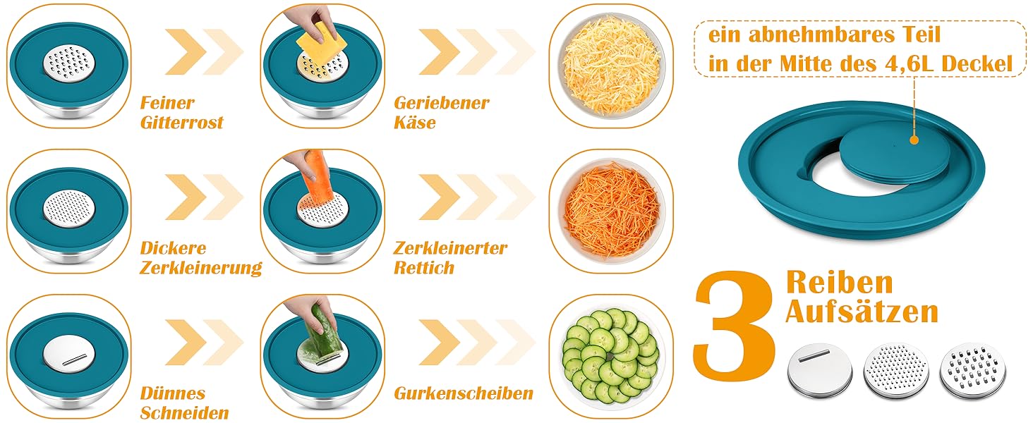 Набір салатниць TEAMFAR 6 шт. з нержавіючої сталі з кришками та силіконовим дном, багатофункціональний, для миття в посудомийній машині, 0,7Л / 1,5Л / 1,6Л / 2,5Л / 2,8Л / 4,6Л (Кольоровий, з 3 тертками)