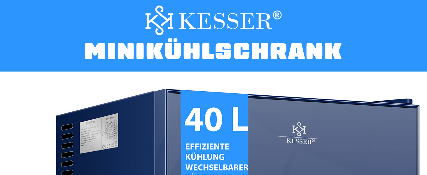 Міні-холодильник KESSER 40 л, скло спереду, 22 дБ, закривається на замок, змінна дверна петля, 6-12C, висота 57 см
