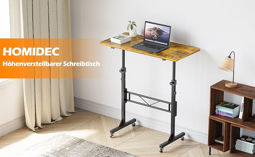 Регульований по висоті письмовий стіл HOMIDEC з колесами, 80x40 см (Vintagebraun) для дому та офісу. Стол для комп'ютера, стоячий стіл для ходьби