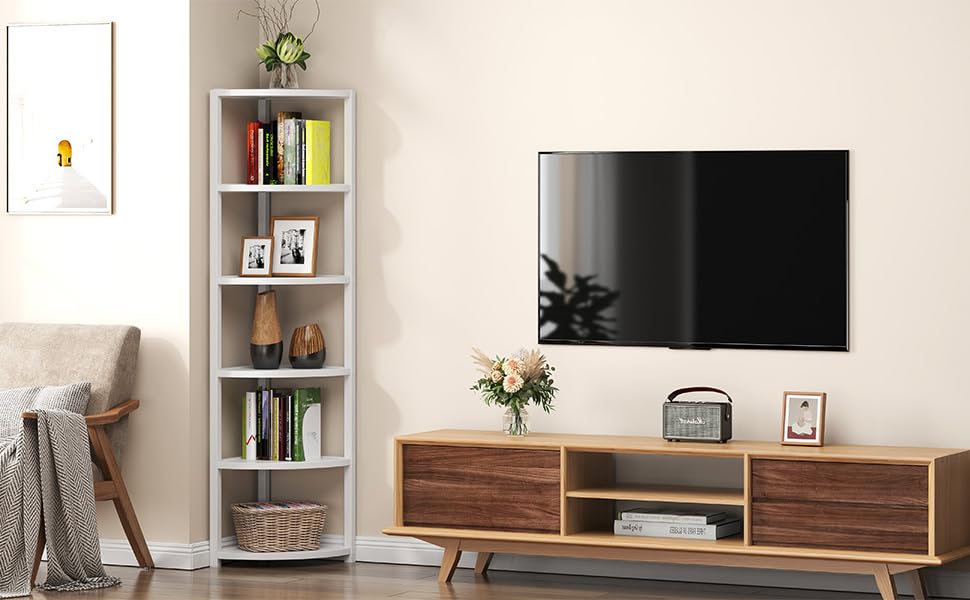 Стеллаж кутовий SoGESFurniture з 6 полицями, стелаж-лесенка, полиця для зберігання, полиця для квітів у вітальню, спальню, офіс, індустріальний дизайн, 34x34x165 см (Білий)