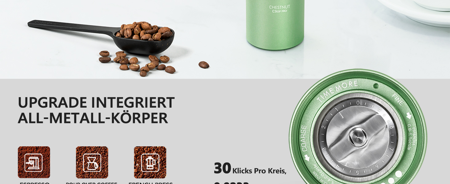 Ручна кавомолка TIMEMORE Chestnut C3 ESP PRO, зелена - для еспресо та френч-прес