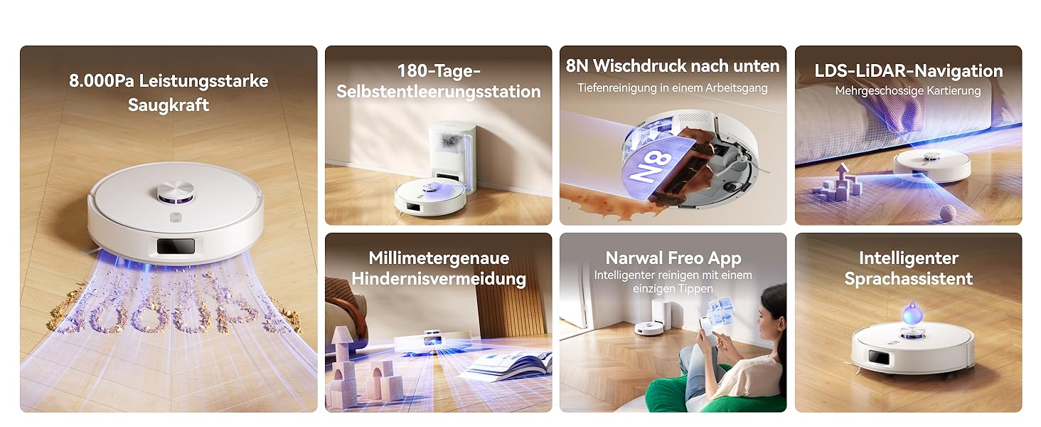 Робот-пилосос NARWAL Freo S з функцією миття підлоги, 8000Pa, 3.5L, LDS-лазерна навігація, керування через додаток, для килимів та шерсті тварин