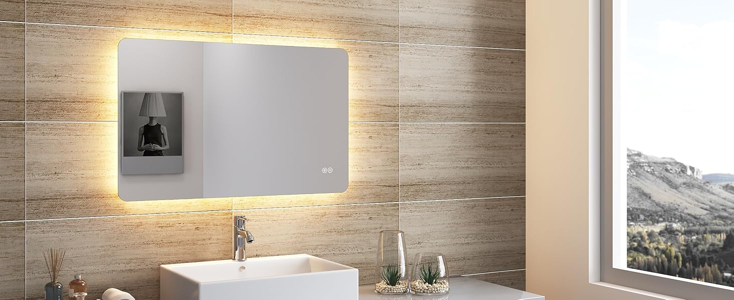 Дзеркало для ванної кімнати SONNI LED з підсвічуванням 50x70 см, сенсорне керування, 3 кольори світла, проти запотівання, функція пам'яті, білий