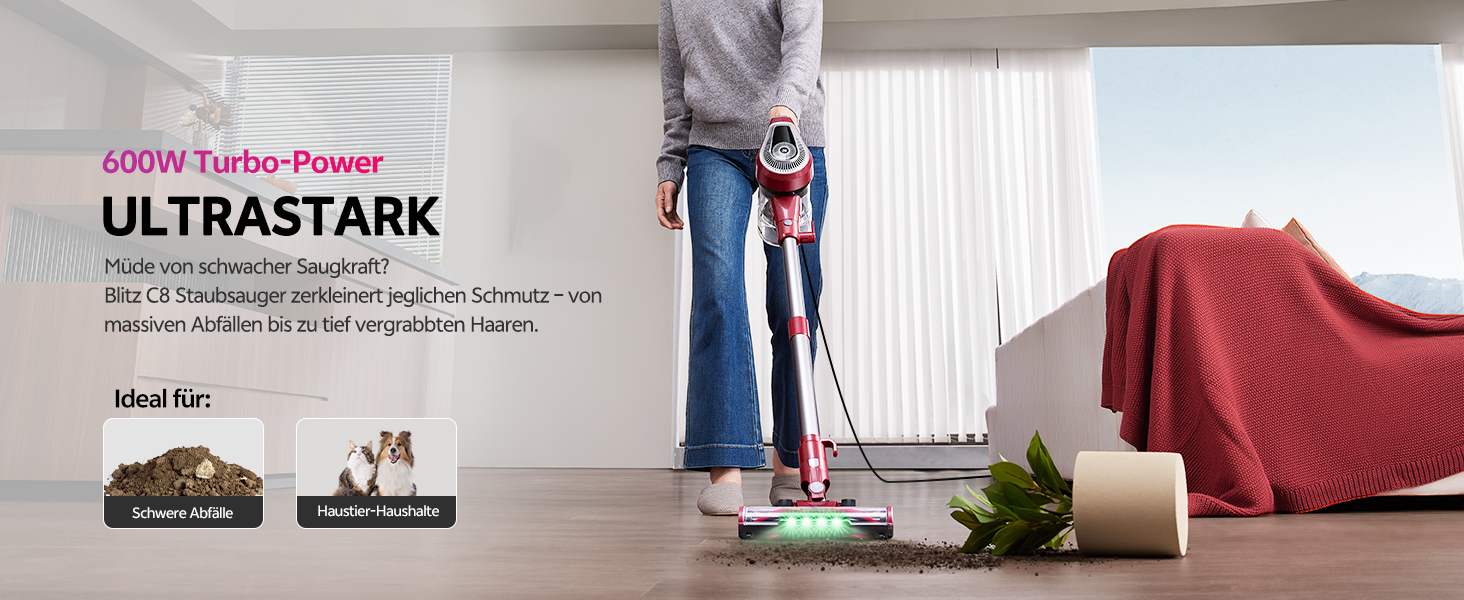 Ручний пилосос Vexilar C8 з кабелем - 600W, 60kPa, 7м кабель, безперешкодна щітка для підлоги, 1.5L безмішковий контейнер для твердих поверхонь, килимів та шерсті тварин