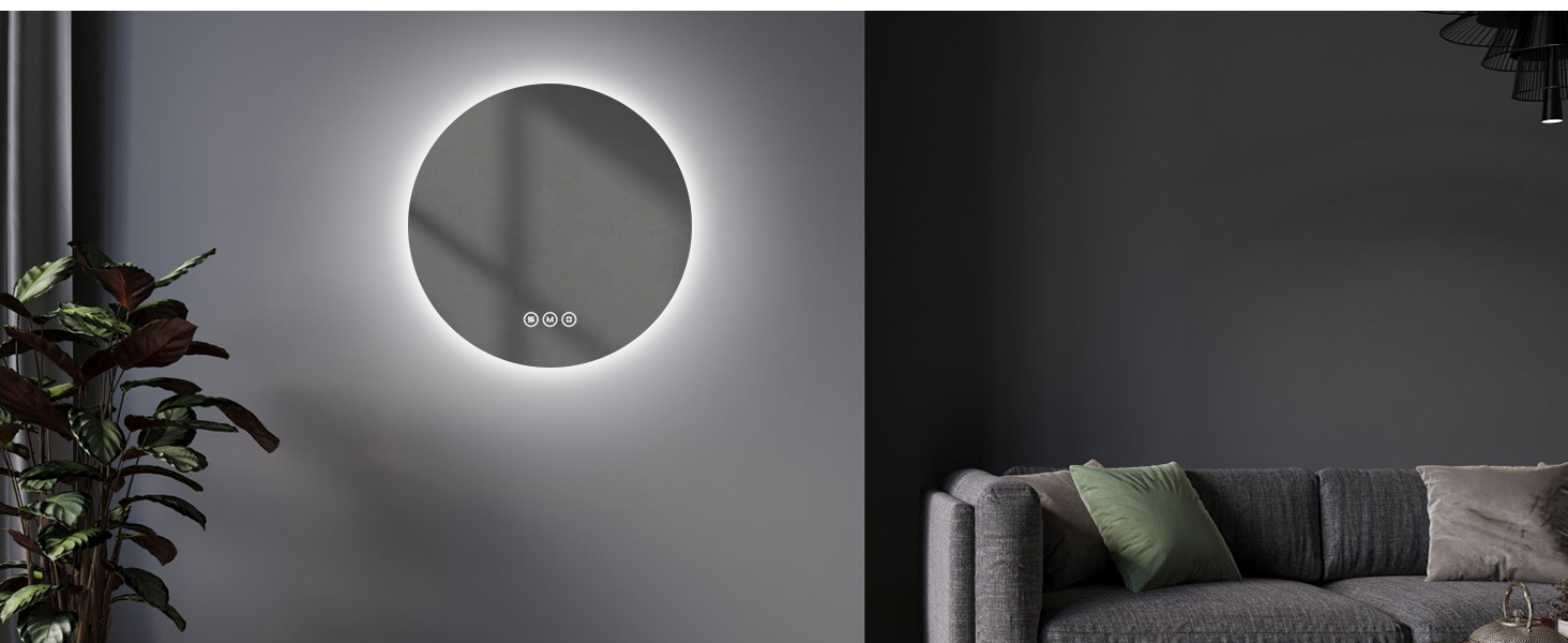 Дзеркало для ванної кімнати EMKE з підсвічуванням, діаметр 50 см, регульоване холодне біле світло, функція пам'яті, вимикач, IP44, енергозберігаюче, з підсвічуванням ззаду, дзеркало для ванної кімнати (3 кольори світла + проти запотівання, 80 x 80 см)