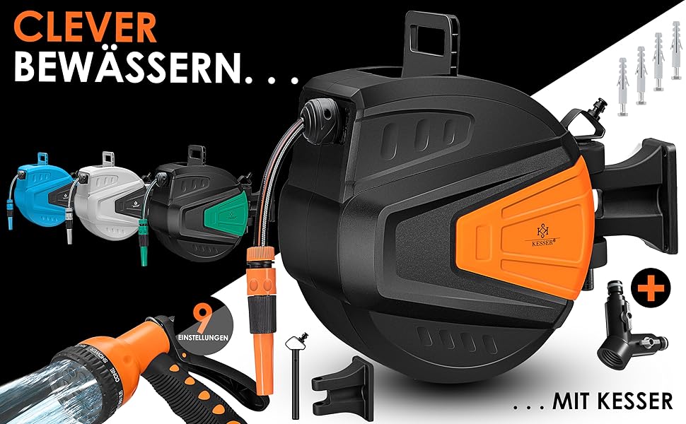 KESSER® Автоматична карусель для шланга 15 м + 2 м, настінна коробка для шланга з автозмотуванням, роликовий механізм для садового шланга, поворотна на 180°, набір з багатофункціональною лійкою з 9 режимами, 2 насадки, помаранчевий