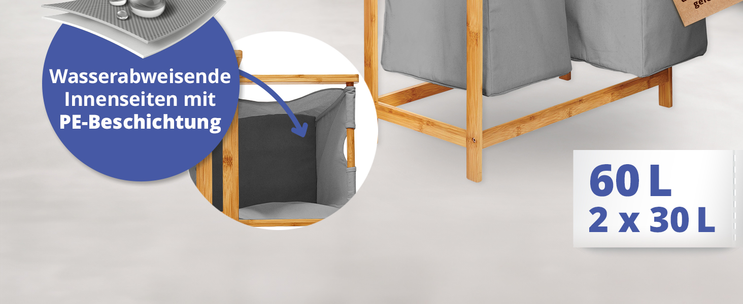 Кошик для білизни Lumaland з бамбука з 2 висувними мішками для білизни | Легкий у догляді, стійкий до вологи, легко очищується | Висота приблизно 73 см x 64 см ширина x 33 см глибина [Бежевий] 2 відділення для білизни, 2 мішки для білизни | Бежевий