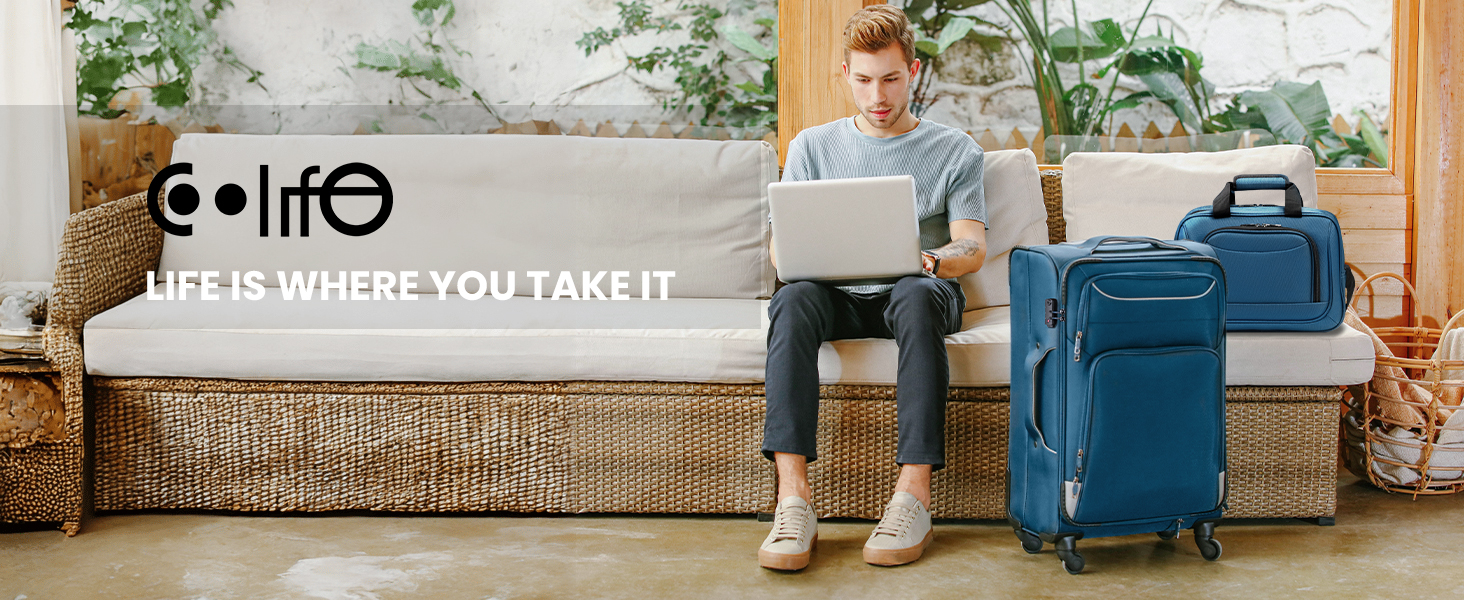 Валіза COOLIFE з 4 колесами, ручна валіза з TSA-замком, тканинна валіза, комплект 2 шт (середня, блакитний+сріблястий)