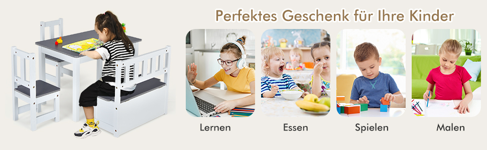 Дитяча меблева група COSTWAY з місцем для зберігання: стіл для малювання та 2 стільці, лавка, FSC-сертифіковане дерево, для дітей від 3 років (сірий)