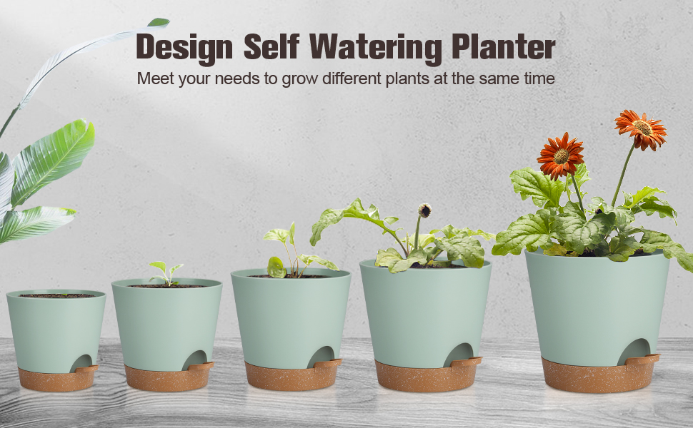 5 горщиків з пластику з системою поливу, 17.8/16.5/15.2/13.9/12.7 см. Самополивні кашпо з підставкою. Круглі горщики для квітів, сукулентів, кактусів. Для дому, балкона, саду. Зелений, коричневий колір.