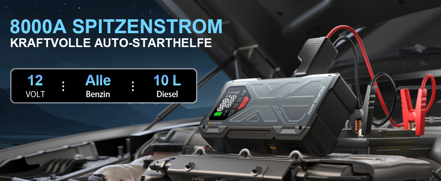 Пусковий пристрій (бустер) для авто Starthilfe 8000A з компресором 150 PSI, Powerbank 12V для бензинових та дизельних двигунів до 10л, LED-дисплей, сірий