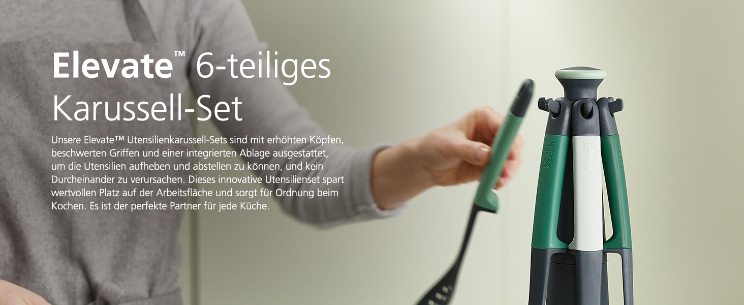 Набір кухонних помічників Joseph Joseph Elevate, 6 предметів з поворотним підставкою, ергономічні силіконові ручки, антипригарне покриття (Блок, Зелений)