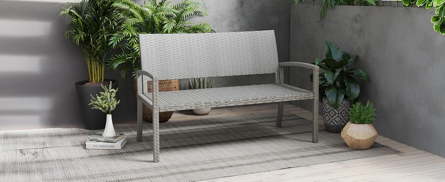 Садова лавка з поліротангу UDPATIO для тераси, балкону та саду (123x63x86 см, сіра). Міцна (до 320 кг) з спинкою та підлокітниками