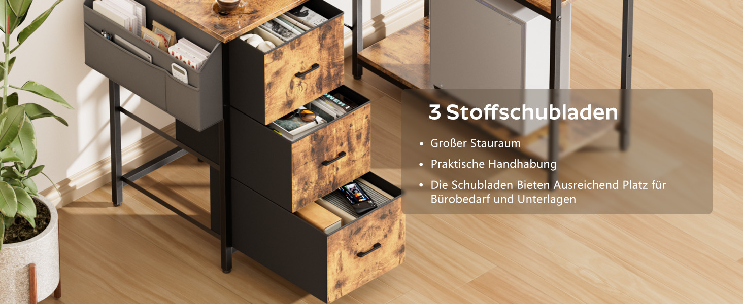 Комп'ютерний стіл HLONONE L-подібний з 3 висувними ящиками для тканини, з полицями та бічною кишенею, для офісу, геймінгу та дому, білий (140 x 80 см, коричневий)