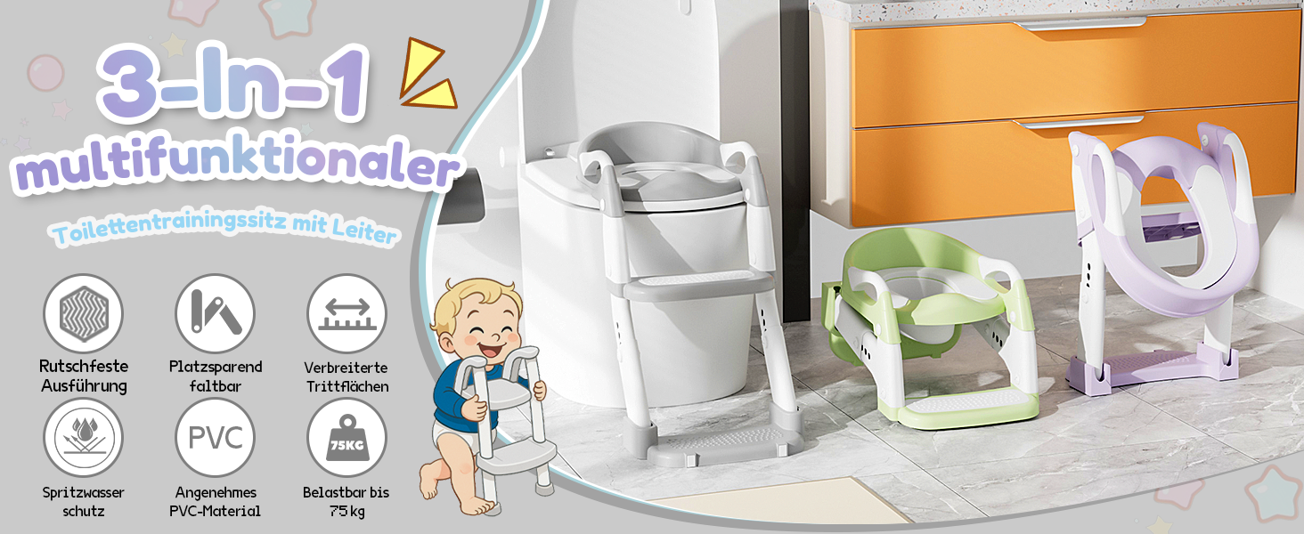 Універсальний дитячий сидіння для унітазу 3-в-1 з драбинкою, фіолетовий - тренажер для привчання до горщика для хлопчиків та дівчаток