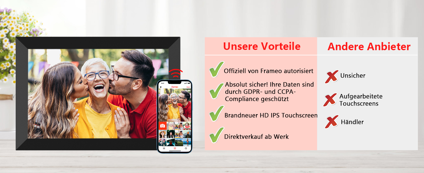 Цифровий фоторамка FRAMEO WLAN 32GB: 10.1 дюймовий Smart Cloud-фоторамка з IPS LCD сенсорним екраном та автоматичним поворотом