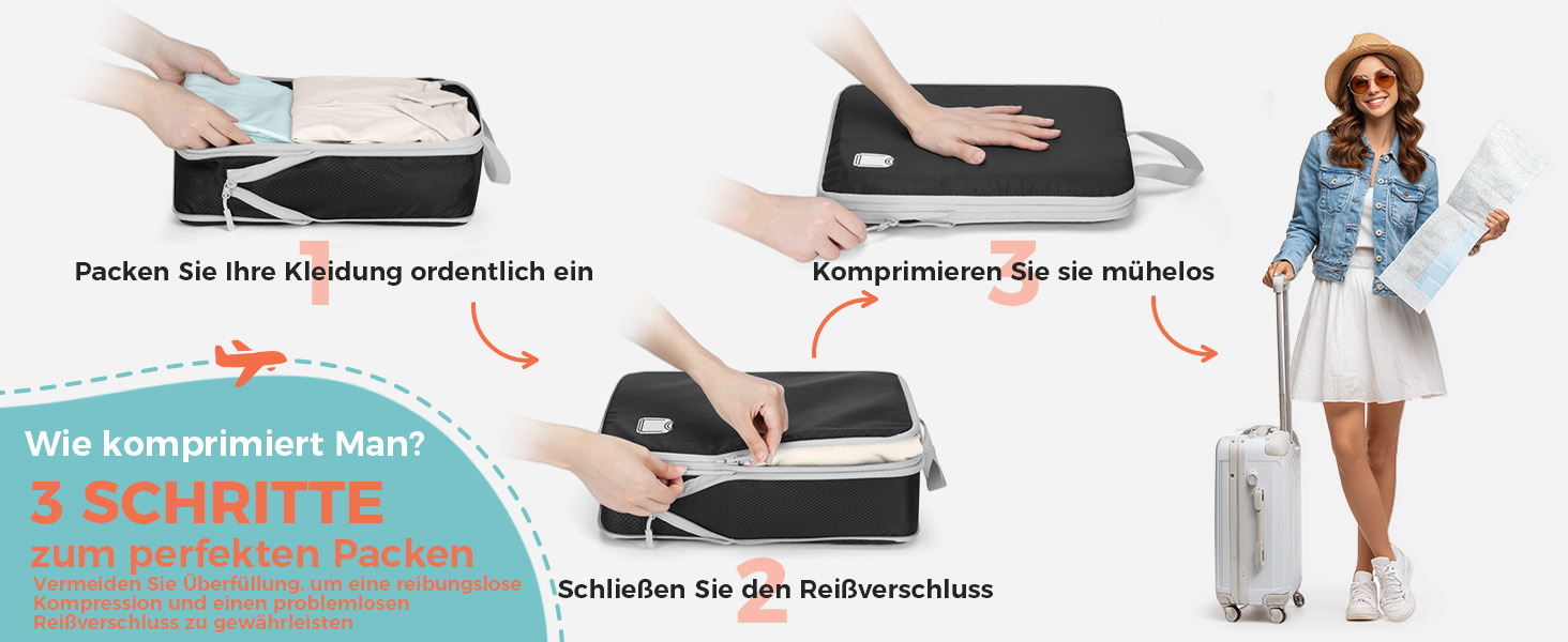 Набір органайзерів для валізи та рюкзака з компресією, водонепроникні пакувальні куби для подорожей, 8 предметів, чорний